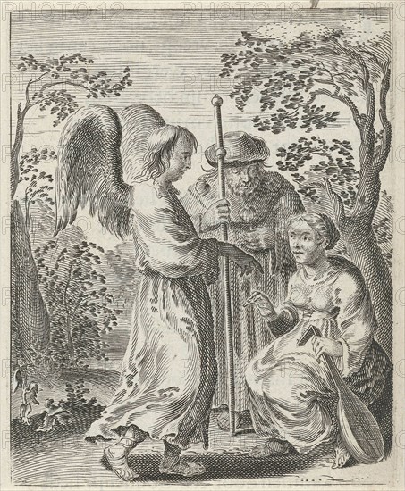 In a landscape is a pilgrim with pilgrim's staff and scallops on his cloak, beside him sits a woman with a lute in her hands and for them an angel, print maker: Pieter Nolpe, Dating 1640