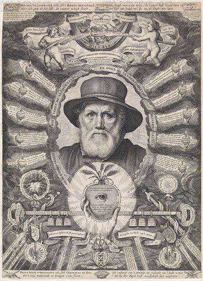 Portrait of Dirck Volckertsz Coornhert in allegorical frame, print maker: Theodor Matham, 1647 - 1650