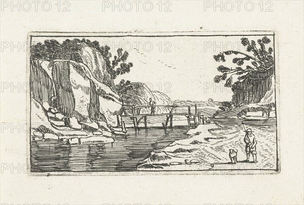 Rocky Landscape with road along river, Esaias van de Velde, print maker: Anonymous, Johannes Pietersz. Berendrecht, 1610 - 1617