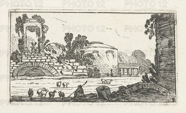 Landscape with ruins and a shepherd with sheep, Esaias van de Velde, Anonymous, Johannes Pietersz. Berendrecht, 1610 - 1617