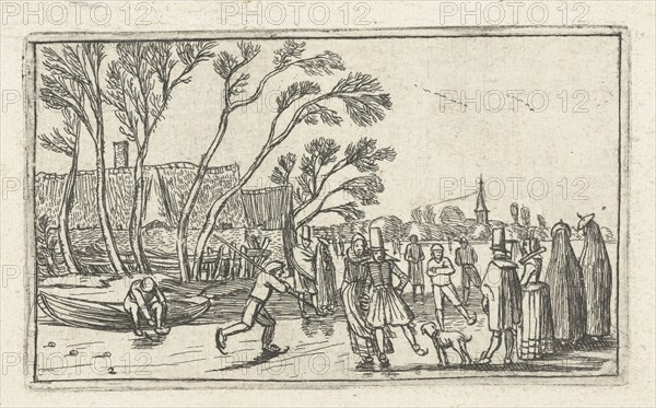 Skaters on the ice at a farm, Esaias van de Velde, print maker: Anonymous, Johannes Pietersz. Berendrecht, 1610 - 1617