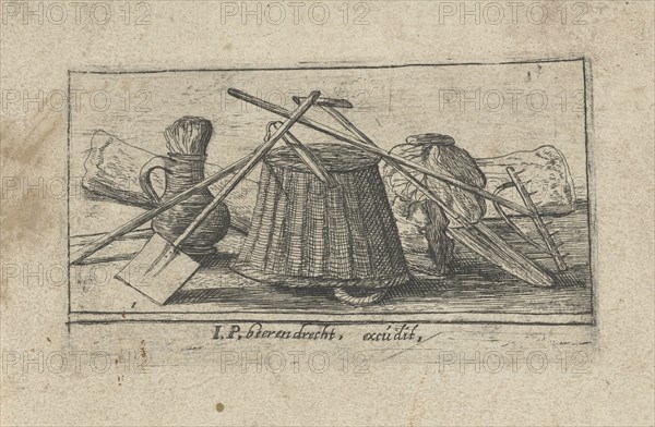 Title print with tools for working the land, Esaias van de Velde, Anonymous, Johannes Pietersz. Berendrecht, 1610 - 1617