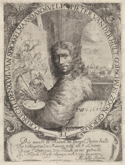 Pieter van der Hulst at half length to the left, sitting in front of a painting, in his hand he holds a palette, brushes and paint stick, right by the window overlooking the city of Rome Italy, print maker: Pieter van der Hulst (IV) (mentioned on object), Dating 1686