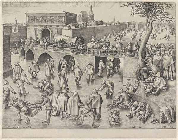 Skating at the Sint-Jorispoort Antwerp Belgium, Frans Huys, Pieter Brueghel I, Hieronymus Cock, 1556-1560