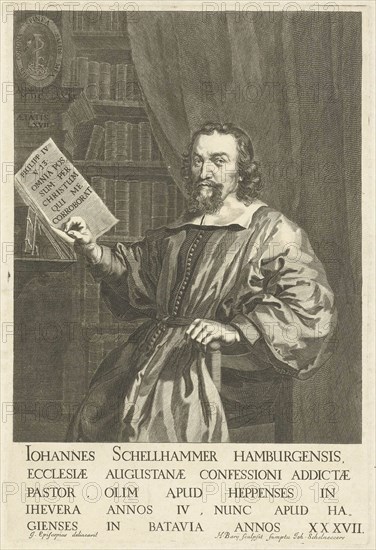 Portrait of Pastor Johannes Schellhammer, sitting at a desk, print maker: Hendrik Bary (mentioned on object), Dating 1681