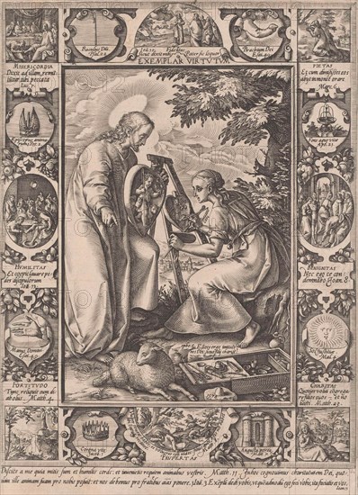 A woman sits behind an easel and paints the Christ Child in a heart at the example that Christ shows her, a frame with various virtues of Christ with allegorical elements, print maker: Hendrick Goltzius, Dating 1578