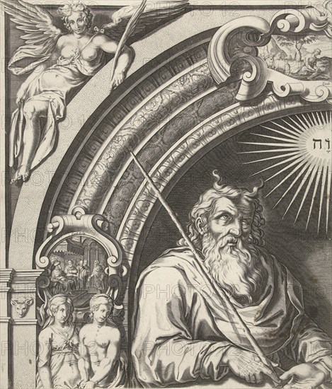 Moses and Aron with the Tablets of the Law (leaf left), Simon Frisius, Gerard Valck, 1670 - 1726