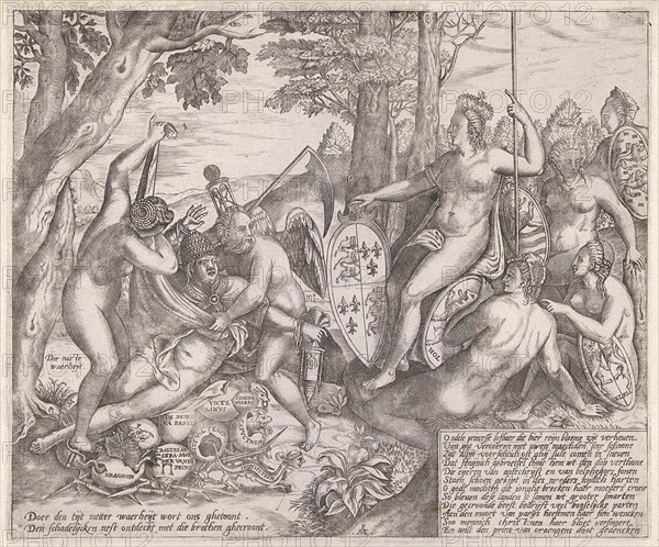Allegorical cartoon which the personifications of Truth and Time reveal the nest where the pope hatching all kinds of conspiracies in the form of monsters, this in the form of the story of the discovery of the pregnancy of Callisto by the goddess Diana and her nymphs, Right Elizabeth I, Queen of England and the virgins province of Holland, Zeeland, Gelderland and Friesland, print maker: Pieter van der Heyden (mentioned on object), Dating 1584 - 1585