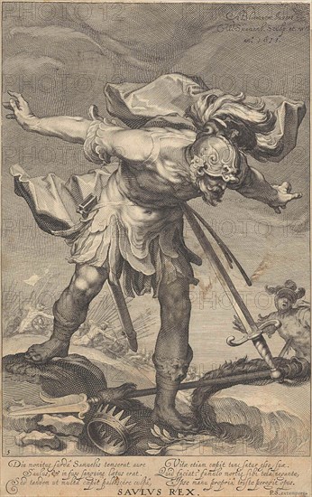 King Saul threw himself on his sword, William Isaacsz. van Swanenburg, Petrus Scriverius, 1611