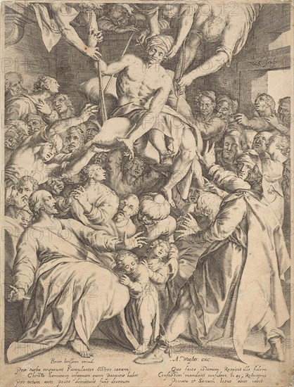 Cripple lowered through the roof to Christ, print maker: Willem Isaacsz. van Swanenburg, Broer Jansz Amsterdam, Abraham van Waesbergen, 1624 - 1639