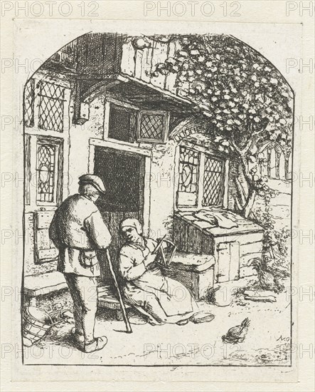 Spinster sitting on the doorstep of a house talking to man, print maker: Adriaen van Ostade, Adriaen van Ostade, 1666 - 1670