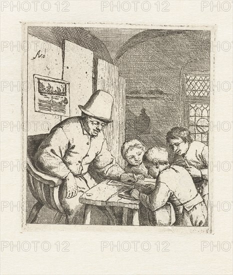 Schoolmaster with three students at table, Adriaen van Ostade, 1671 - 1679