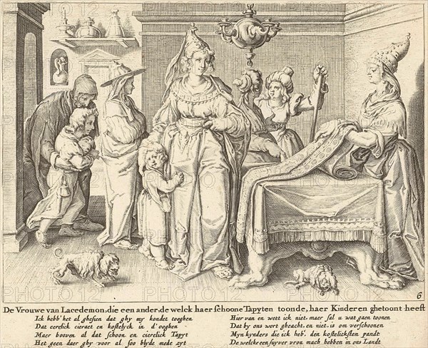 A woman from Lacedemon shows her children to a carpet weaver Zacharias Dolendo, Jacob de Gheyn II, Claes Jansz. Visscher II, after 1615 - c before. 1652