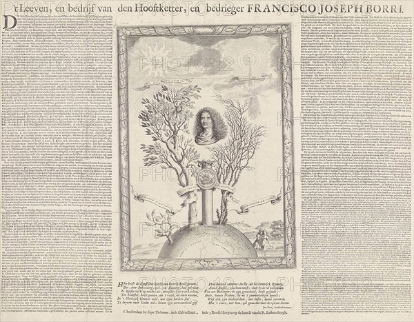 Allegory with the portrait of Gioseppe Francesco Borri, print maker: Theodor Matham, Jan Zoet falsification of, Seger Tielemans, 1662 - 1666