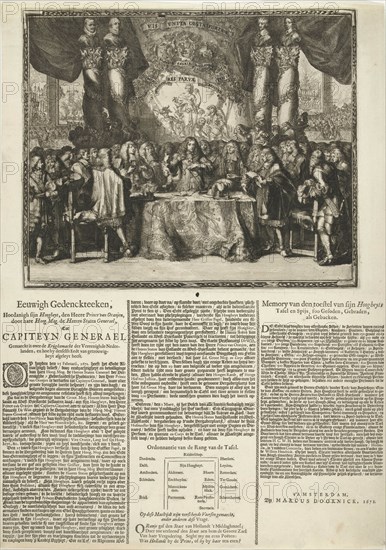 Presentation and description of the appointment of Prince William III as captain-general of the Dutch armed forces, the prince takes an oath of loyalty to the Registrar of the States General Gaspar Fagel, behind hangs a cloth with a depiction of the Virgin Dutch in the Dutch Garden, between columns with portrait busts of Willem van Oranje, prins Maurits, Frederik Hendrik and Willem II, print maker: Romeyn de Hooghe (attributed to), Dating 1672
