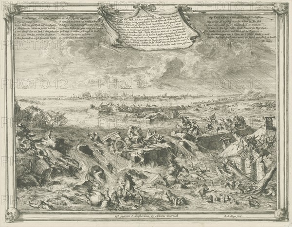 Dike near Coevorden, October 1 1673, enemy cavalry and artillery are washed away by the water, in the distance the city of Coevorden, The Netherlands, print maker: Romeyn de Hooghe (mentioned on object), Dating 1673