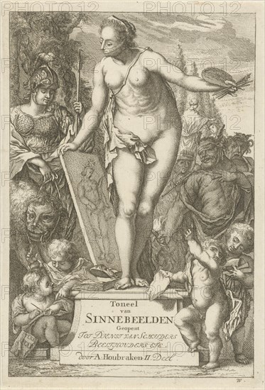 Personification of painting on a pedestal, Arnold Houbraken, Nicolaes de Vries, 1688 - 1700