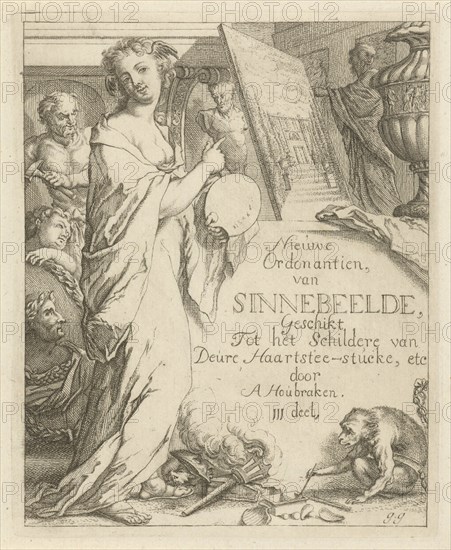 Female Figure with palette pointing at a painting, Arnold Houbraken, Anonymous, 1700-1750