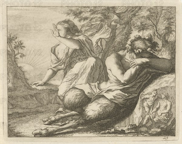 Sater and female figure cover the eyes from sunlight, Arnold Houbraken, Anonymous, 1700 - 1750