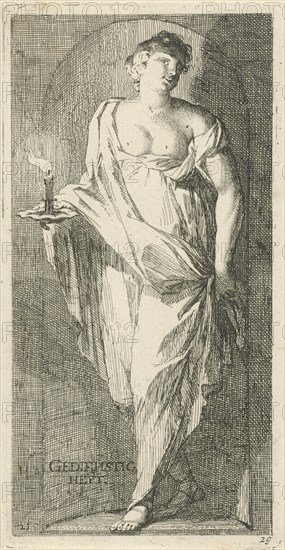 A female figure as the personification of obsequiousness in a niche, with her right hand in a candle holder with a burning candle, print maker: Arnold Houbraken, Dating 1710 - 1719