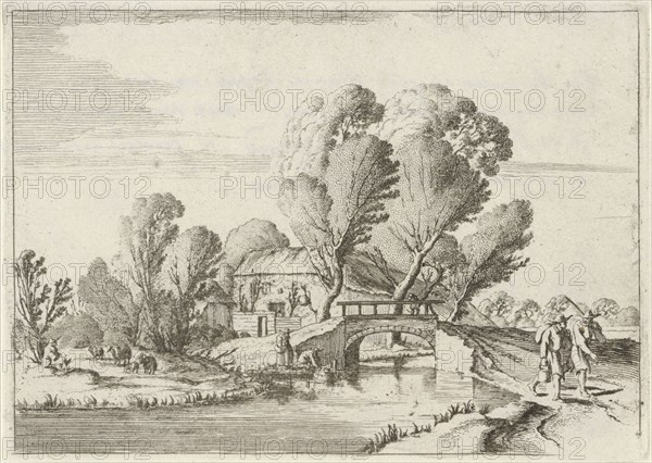 In a wooded landscape two hikers walking on a path along a canal, Behind the bridge over the canal is a farm, print maker: Gillis van Scheyndel (I), Dating 1631 - 1653