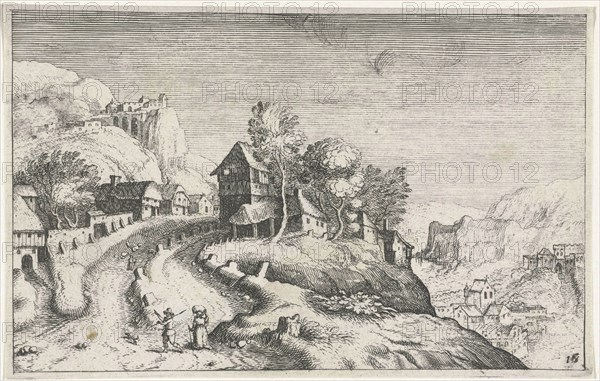 Village in a mountain landscape, Matthijs Bril, Josse van Liere, Hendrick Hondius (I), 1614