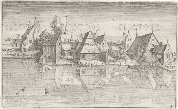 Village on a river, Hendrick Hondius (I), Josse van Liere, 1583 - 1650