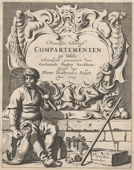 Cartouche with lobe ornament with a fisherman, print maker: Pieter Hendricksz. Schut, Gerbrand van den Eeckhout, Nicolaes Visscher I, 1655