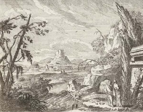 Landscape with mountains and ruinous buildings, Anonymous, 1701 - 1751