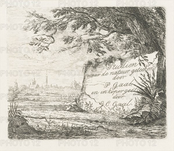 Landscape with the prospect of a village, under a tree a stone with the title, print maker: Jacobus Cornelis Gaal (mentioned on object), Dating c. 1851