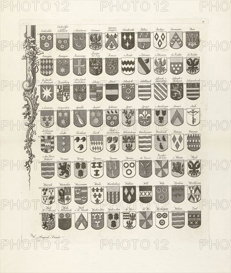 Lower left leaf of a set of nine prints, all with weapons of ancient lineages from Utrecht, The Netherlands, print maker: Johannes van Hiltrop, Dating 1769