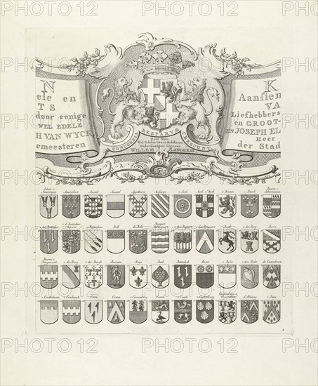 Top center leaf of a set of nine prints, all with weapons of ancient lineages from Utrecht, The Netherlands, print maker: Johannes van Hiltrop, Dating 1769