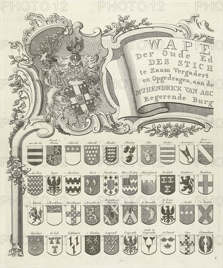 Coat of arms map of ancient families of Utrecht, The Netherlands, sheet top left, Johannes van Hiltrop, 1769