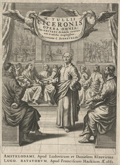 Cicero and people who are discussing something, Theodor Matham, Lowijs Elzevier (III) en Daniel, Franciscus Hackius, 1661