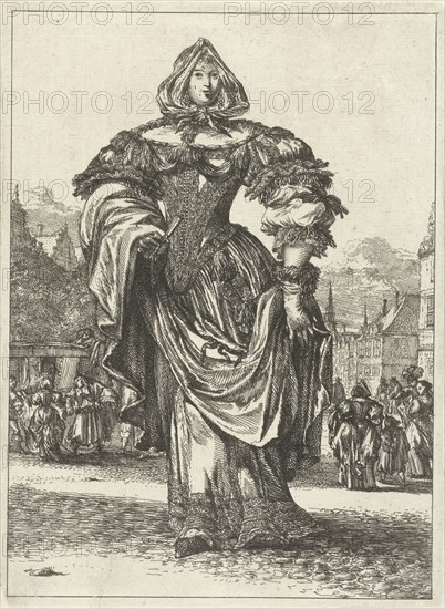 Lady in dress from the series Figures Ã  la mode, Romeyn de Hooghe, 1670 - 1685