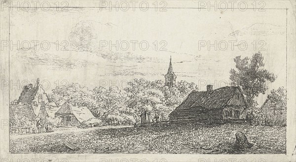 Village scene with church tower between trees, print maker: Johannes Franciscus Christ, c. 1810 - c. 1830