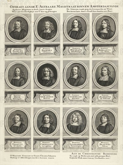 Left half with twelve portraits of a total of twenty-four ministers of Amsterdam, active between 1681-1686, print maker: Anonymous, P. van Opoeteren, 1686