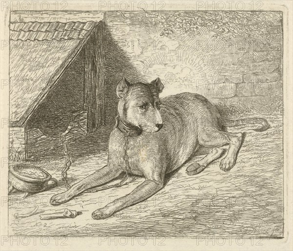 Dog on a chain in a doghouse, For him a bone, Bottom left numbered 2, print maker: Johannes Mock (mentioned on object), Dating 1810 - 1884