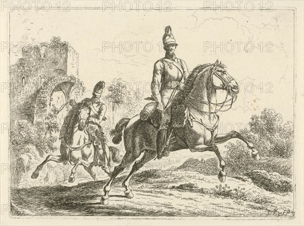 Two soldiers on horseback, Johannes Mock, 1821 - 1827