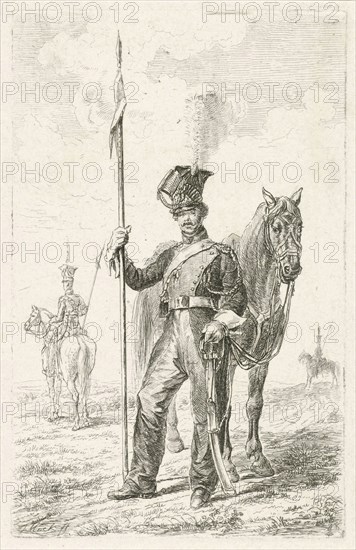 Soldier with a spear beside his horse, Johannes Mock, 1810 - 1884