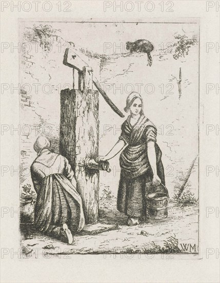 Two women at a water pump, Christiaan Wilhelmus Moorrees, 1811 - 1867