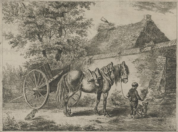 Boy with horse and dog, print maker: Christiaan Wilhelmus Moorrees, 1811 - 1867