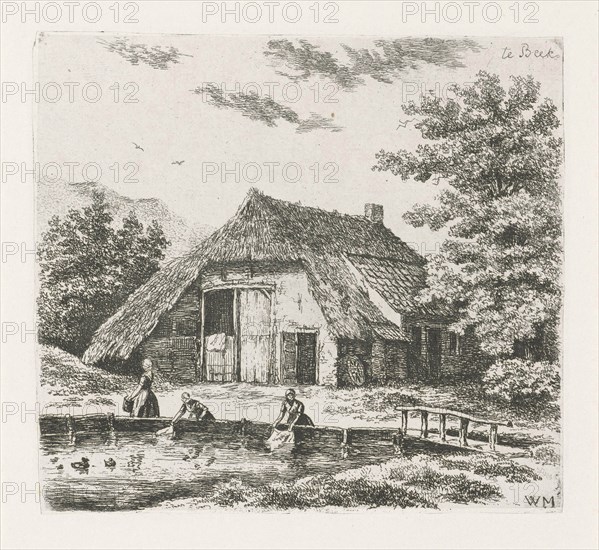 Three women doing laundry in the water for a farm in Beek, The Netherlands, print maker: Christiaan Wilhelmus Moorrees (mentioned on object), Dating 1811 - 1867