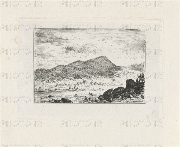 River in a mountain landscape, Joseph Hartogensis, 1850, print maker