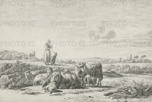 Landscape with shepherd dog with sheep herd, Simon van den Berg, 1822 - 1899, print maker: Simon van den Berg, 1822 - 1899