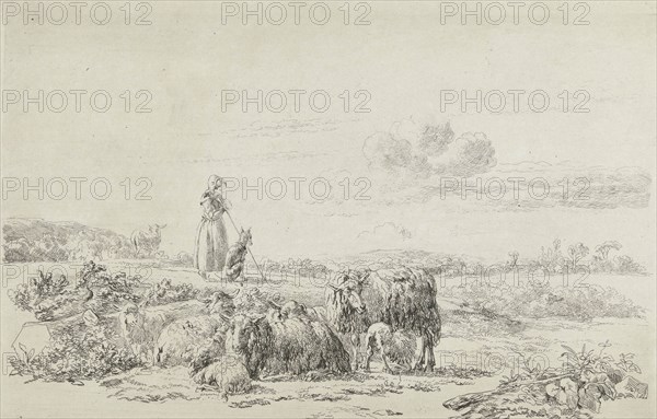 Landscape with shepherd dog with sheep herd, Simon van den Berg, 1822 - 1899