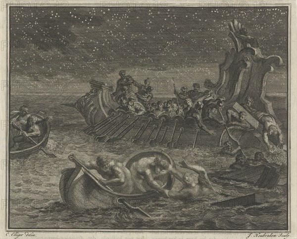 Galeischip rescues shipwrecked, Jacob Houbraken, 1708 - 1780