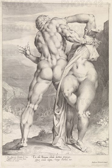 Rape of a Sabine woman, rear view, print maker: Jan Harmensz. Muller, Adriaen de Vries, Louis Renard, 1708 - 1711
