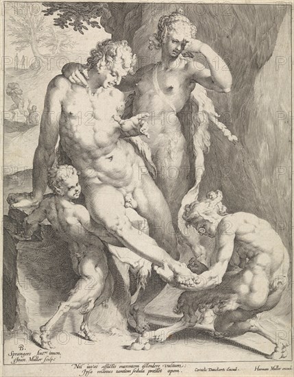 A Oreade, with spectacles on nose, removing a thorn from the foot of a satyr, the satyr is supported by a female and a young Oreade, print maker: Jan Harmensz. Muller (mentioned on object), Dating 1630 - 1656