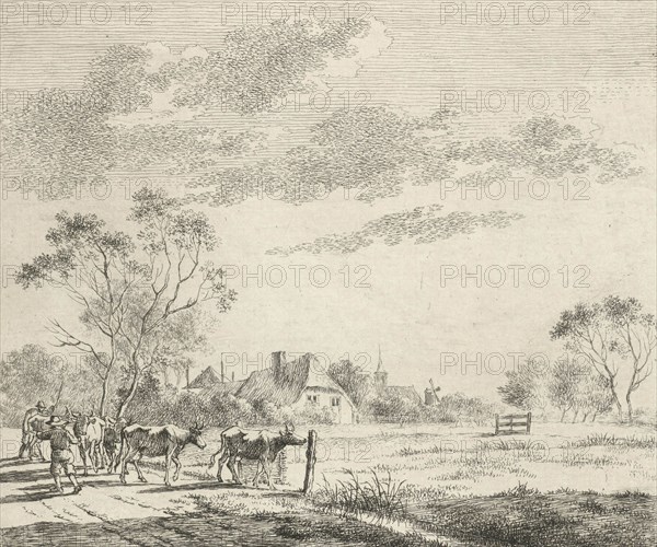 Landscape with farm and pasture, a path with two farmers who drive the cows to the pasture, a church and a mill, print maker: Johannes Janson, Dating 1783